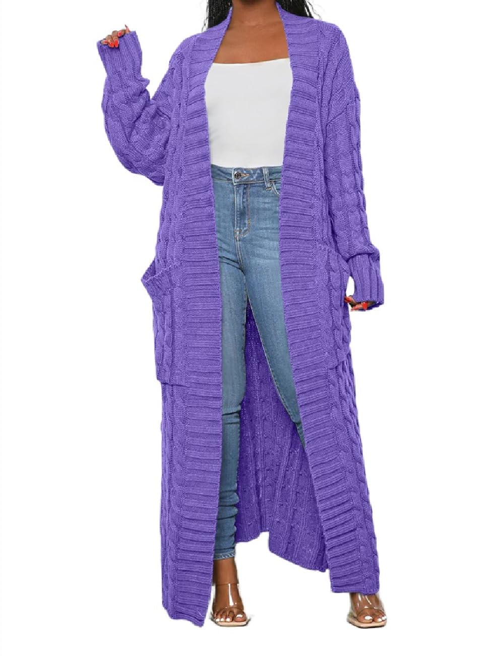 Womens Thin Stylish Cable Knit Dual Extra Long Maxi Cardigan with 2-Pockets