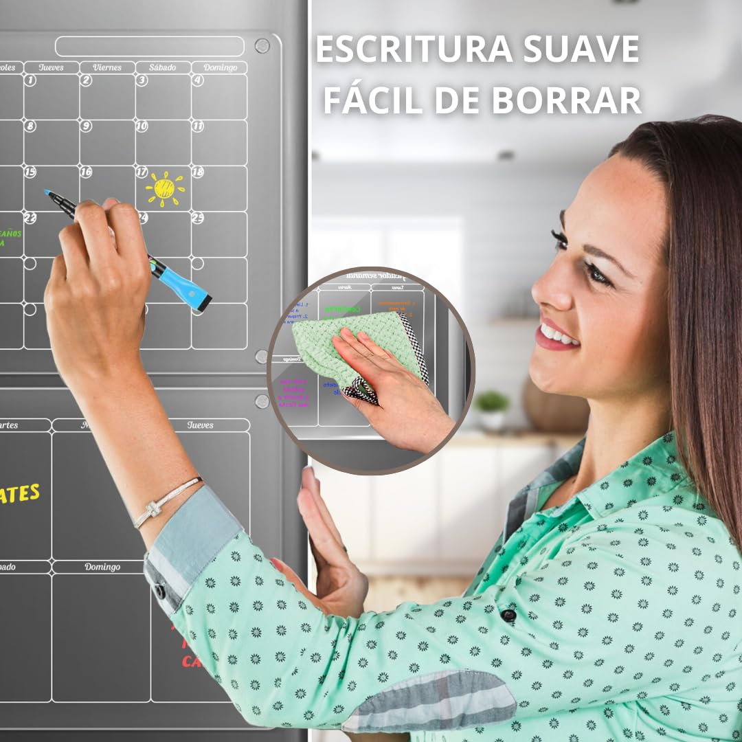 2 pcs Pizarra Magnetica Nevera - Calendario nevera transparente ESPAÑOL - Planificador Semanal + Mensual 40 x 30cm + 8 Rotuladores PREMIUM - calendario iman nevera 2025 reutilizable