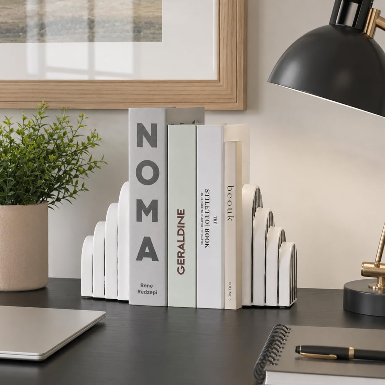 Fermalibri decorativi pesanti per mensole, fermalibri ad arco bianco e nero per libri, set moderno per scrivania da ufficio, libreria, decorazione per casa, biblioteca, soggiorno, (nero)