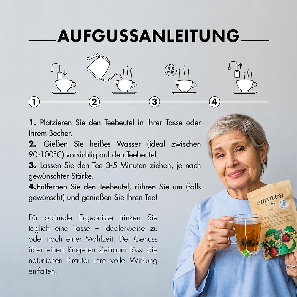 AuroTea Vital Nº 60 – Premium Kräuter-Balance-Tee | Mit Chicorée, Bohnenschoten, Klettenwurzel & Hafergras | Mit Inulin-Ballaststoffen aus Chicorée | 180 Pyramidenbeutel (6 Packungen)