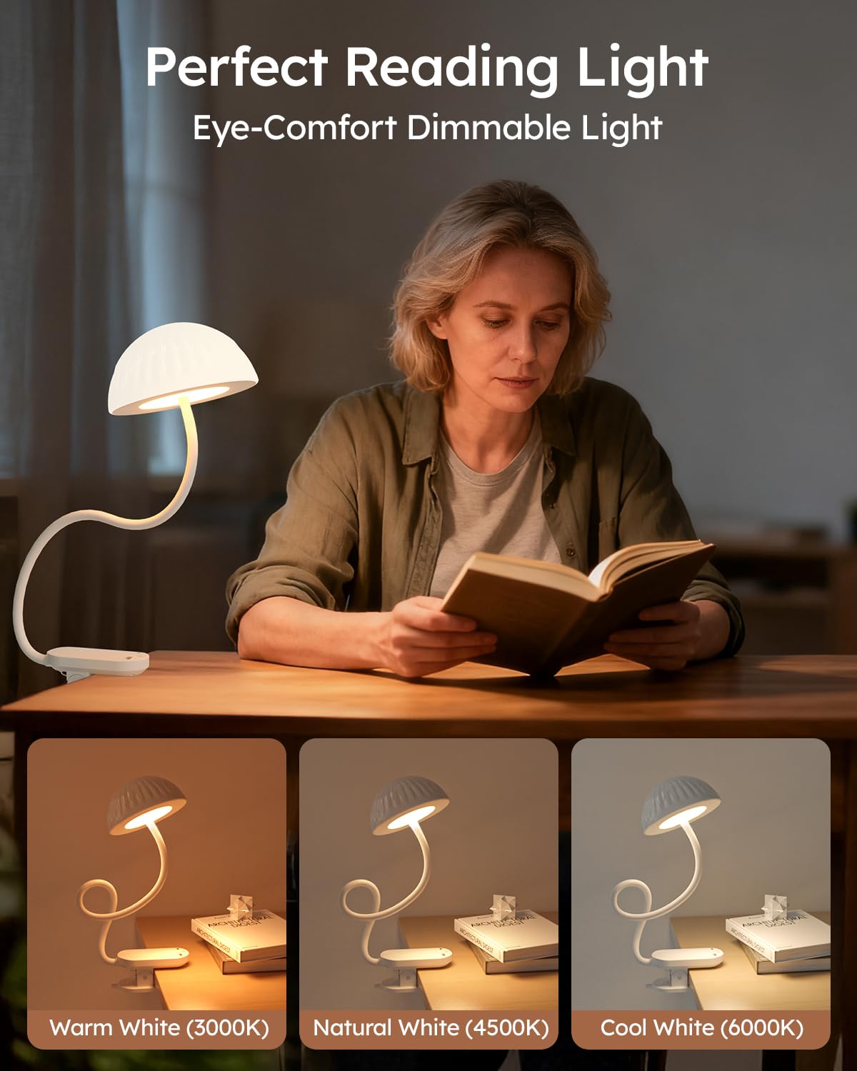 Lampe à Pince Rechargeable, Lampe de Table Sans Fil avec Commande Tactile, Lumière d'Ambiance RVB et Lampe de Lecture Dimmable de 3000K à 6000K pour Table, Lit et Tête de Lit