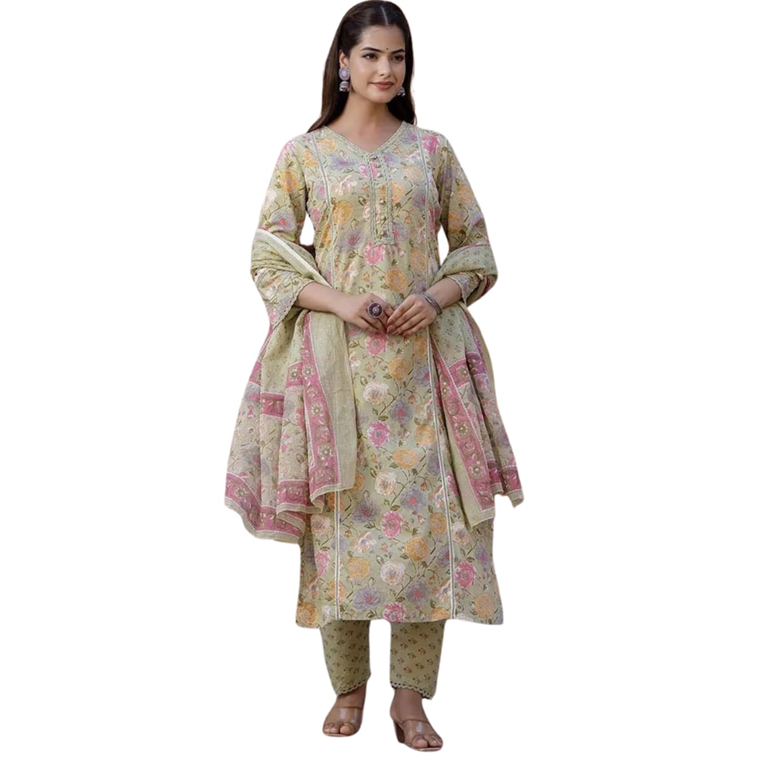 Shienzy Cotton Blend V Neck Kurta Pant Set With Dupatta For Women | Women Kurta Pant Sets With Dupatta (1607-1608) (Pista, Xxl)