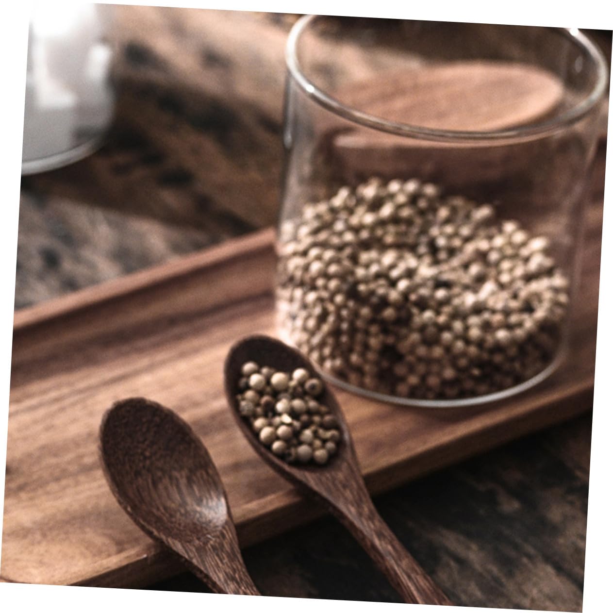 TOYANDONA Glas Gewürzbehälter Holzdeckel und Löffel Küchen Organizer Tablett Luftdicht Platzsparend Gesundes Material für Gewürze Granulate und Flüssigkeiten