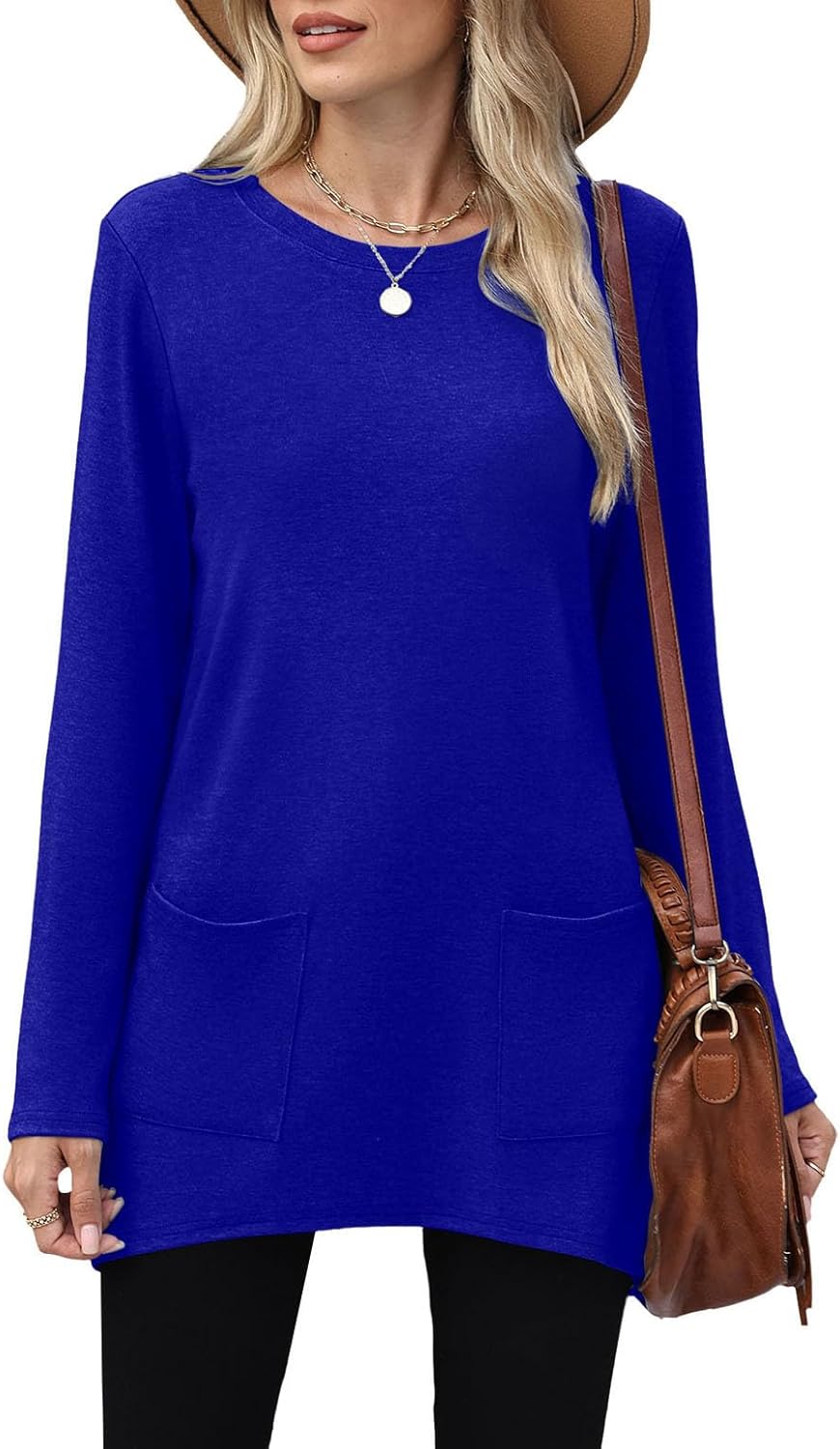 XIEERDUO Womens Tunic Tops Long Sleeve Crew Neck High Low Hem Loose Fit Shirts Blouses with Pockets - Image 3