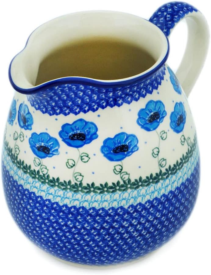 Polmedia Polish Pottery Pitcher UNIKAT - Morning Poppies Pattern Handmade in Boleslawiec Poland by Ceramika Artystyczna + Certificate of Authenticity