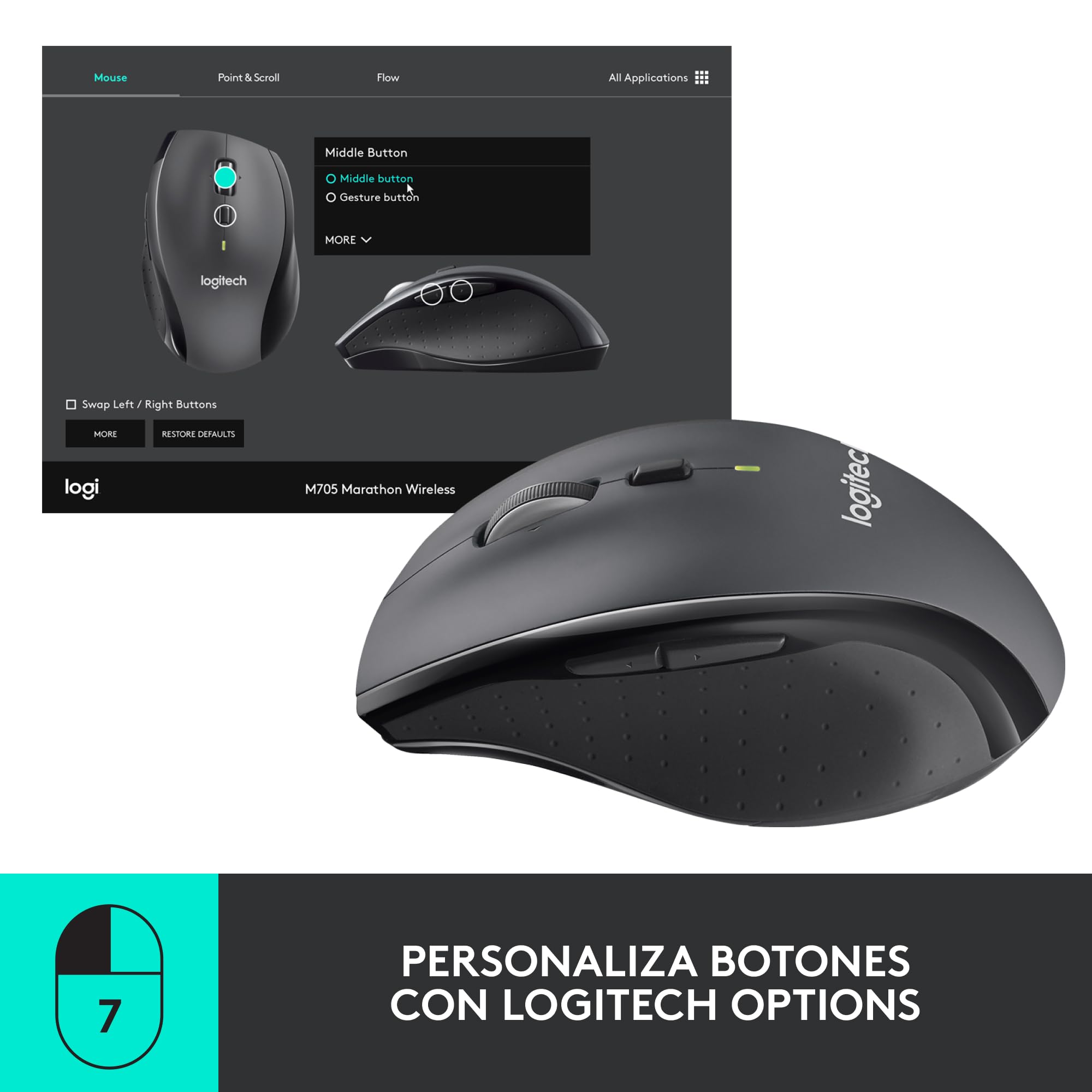 Logitech M705 Marathon Ratón inalámbrico | Receptor USB 2,4 GHz, 1000 DPI, 5 Botones Programables, Batería 3 años, PC/Mac/Portátil/Chromebook