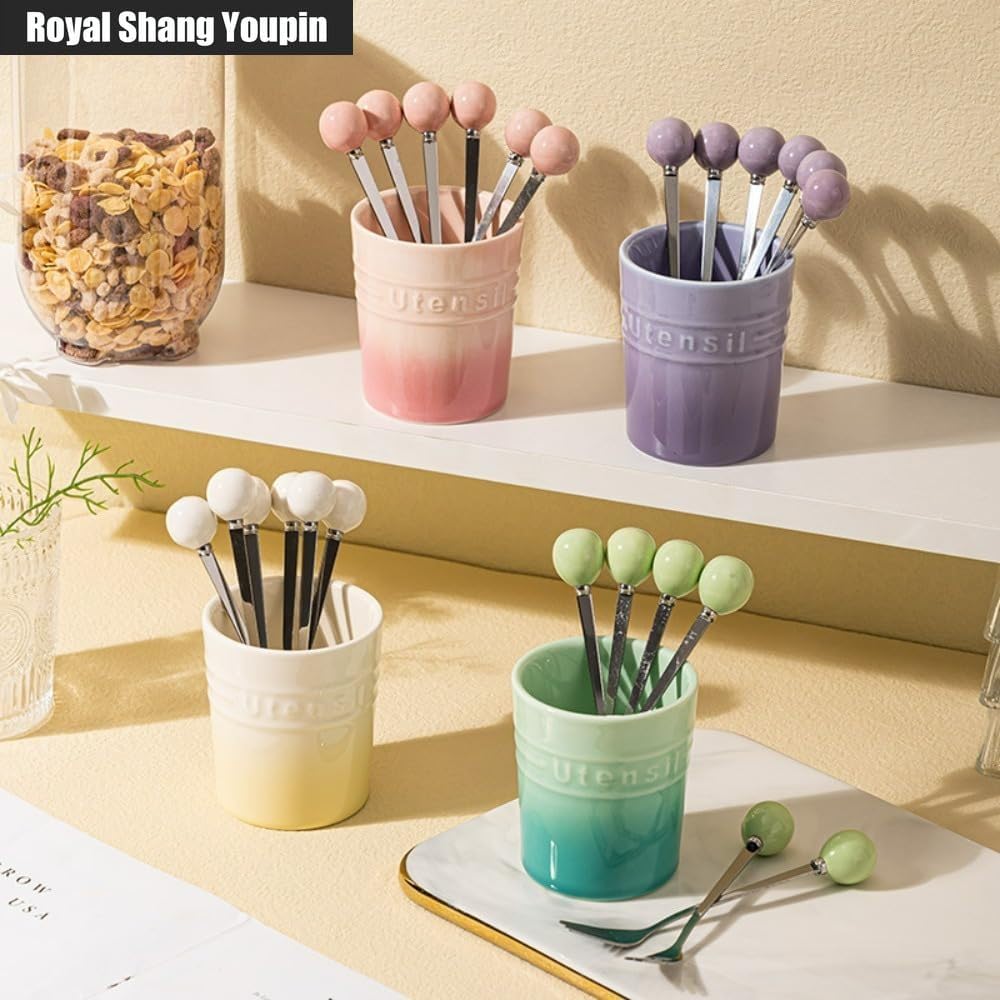 Ceramics Stainless Steel 304 Fruit Fork for Household Light Luxury Children's Dessert Small Fork Set Candy Color Storage Can Fruit Stick (Pink)
