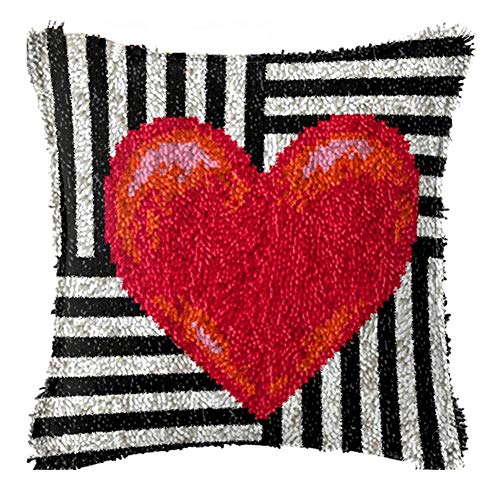 CZVEVOY Latch Hook Kit Cushion Love Heart Striped Yarn Crochet Pillow Case Latch Hook DIY Cushion Cover