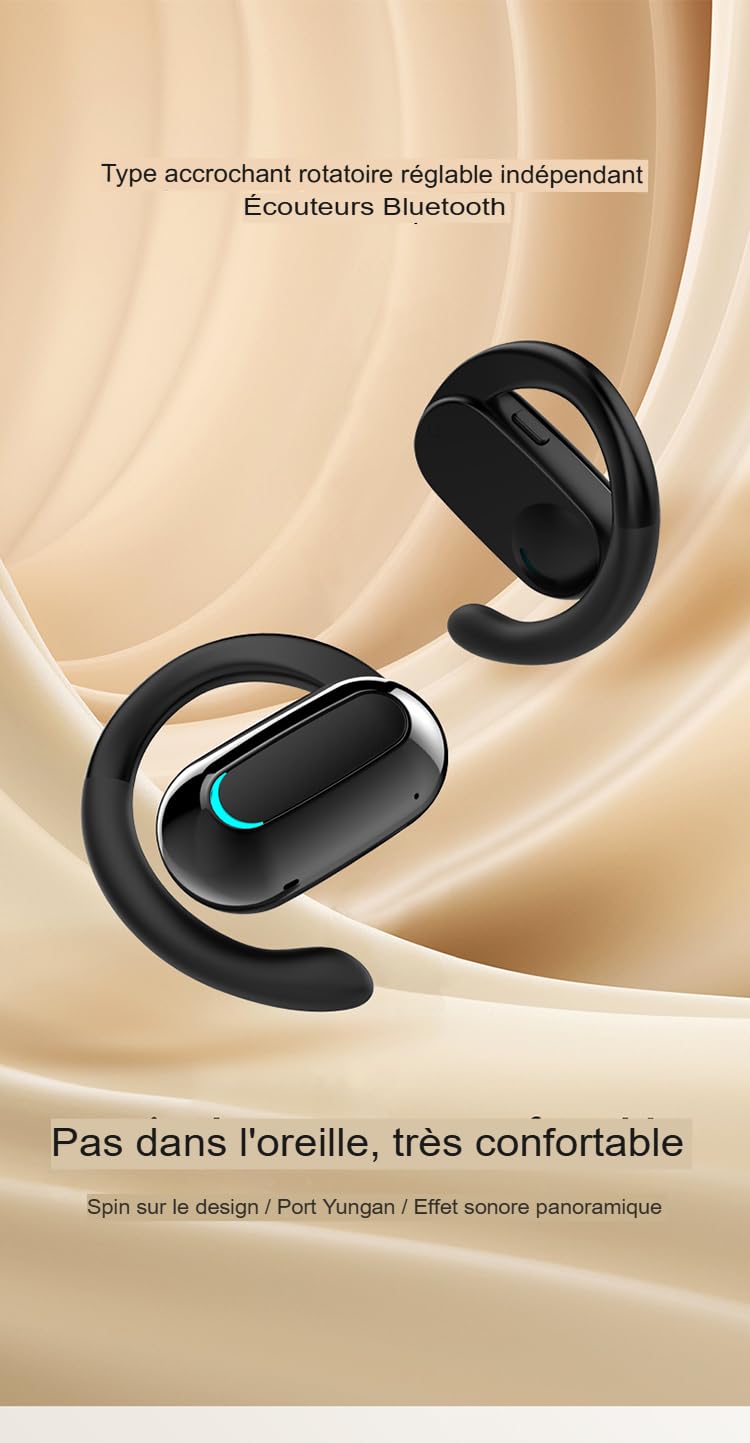 Clip Oreillette Bluetooth 5.2 sans Fil - 75 mAh, 15H Écoute, Recharge USB-C, Clip Oreille Ouvert, Confortable, Idéale Télétravail & Sport. (Noir)