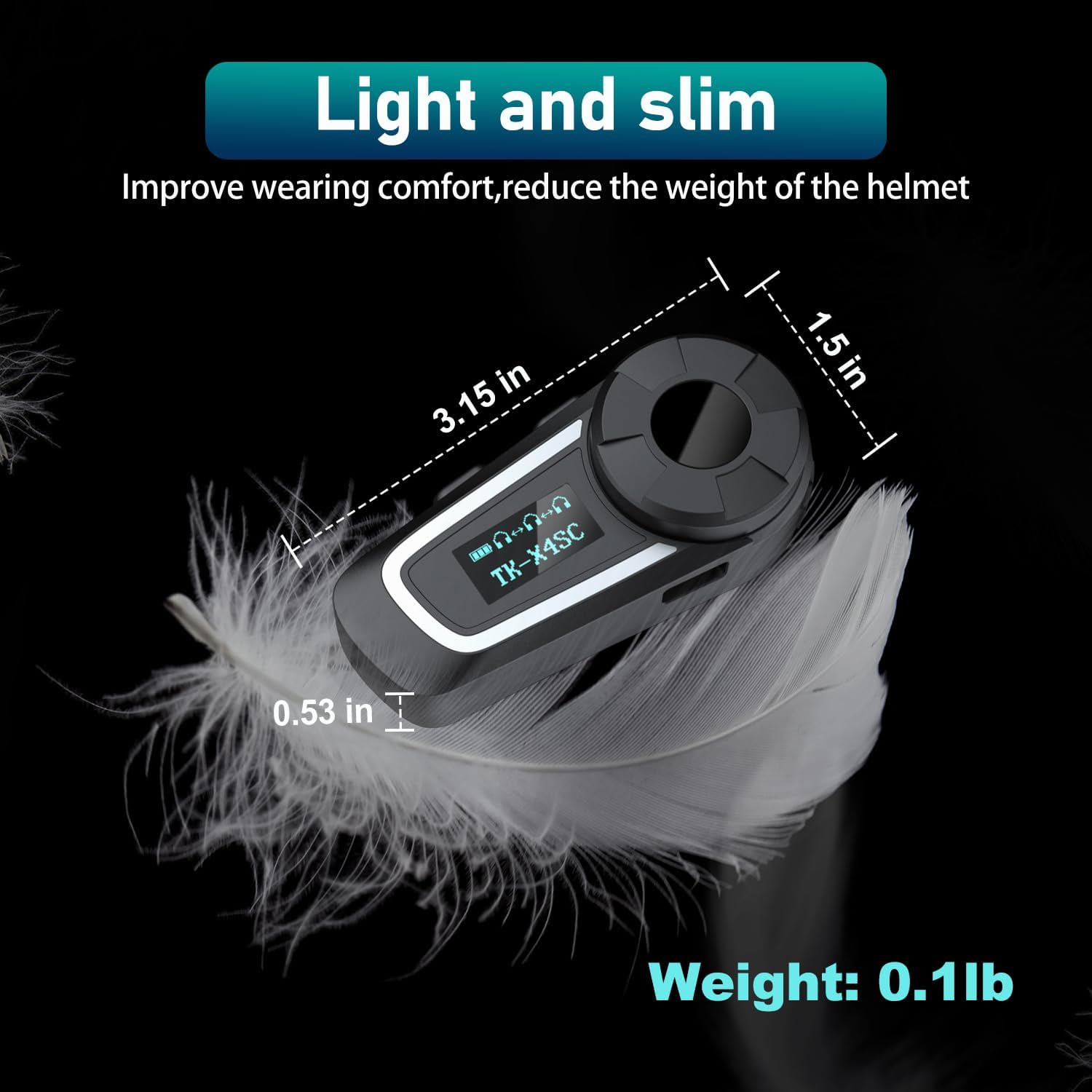 Image showing the dimensions of the TK-X4SC unit: 3.15 inches length, 1.5 inches width, and 0.53 inches thickness, with a weight of 0.1 lb.