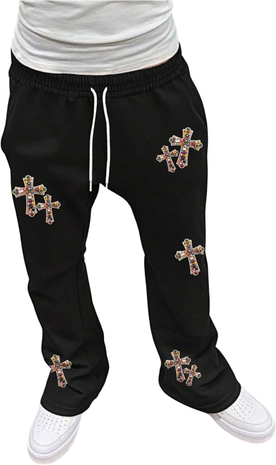 GORGLITTER Men's Letter Graphic Drawstring Waist Pants Stacked Flared Cool Sweatpants with Pockets