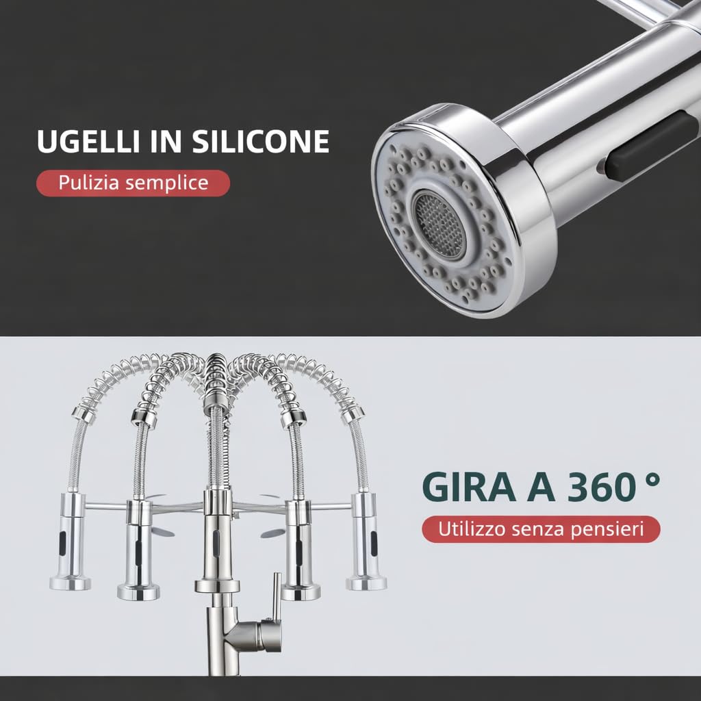 Cobbe Rubinetto da cucina, rubinetto ad alta pressione con doccetta estraibile, 2 funzioni di spruzzo, girevole a 360°, miscelatore per lavello