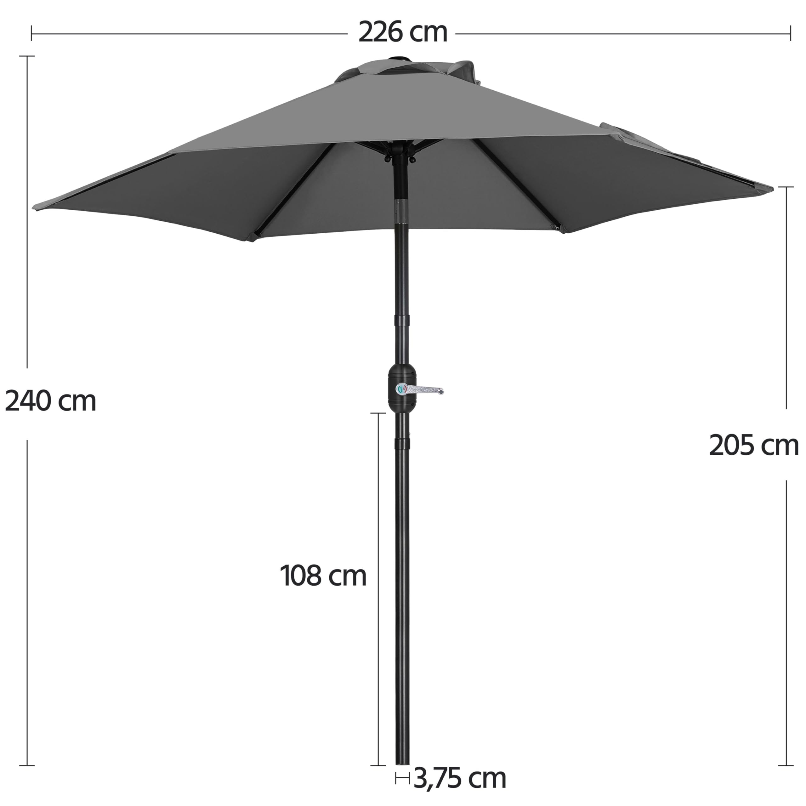 Yaheetech Sonnenschirm 226 cm Rund Gartenschirm mit Kurbel UV Schutz Terrassenschirm Neigbar Kippbar Kurbelschirm UPF 50+ für Balkon/Terrasse/Markt/Garten, ohne Ständer, Grau