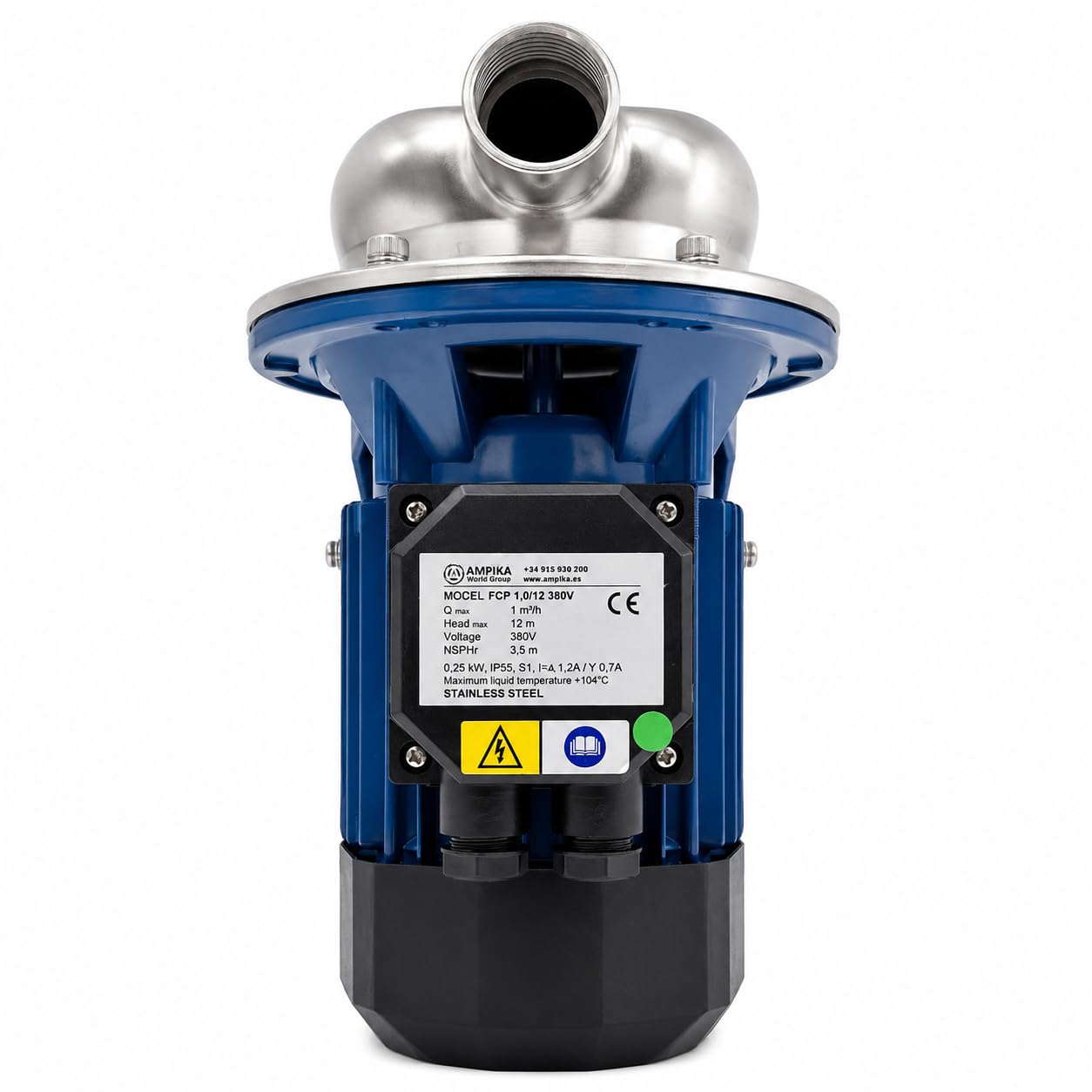 Ampika FCP 1,0/12-АМ 380V - Bomba Centrífuga Autocebante de Acero Inoxidable AISI 304, Apta para Uso Alimentario (Agua, Leche, Zumos), Caudal 1000 L/h, IP55