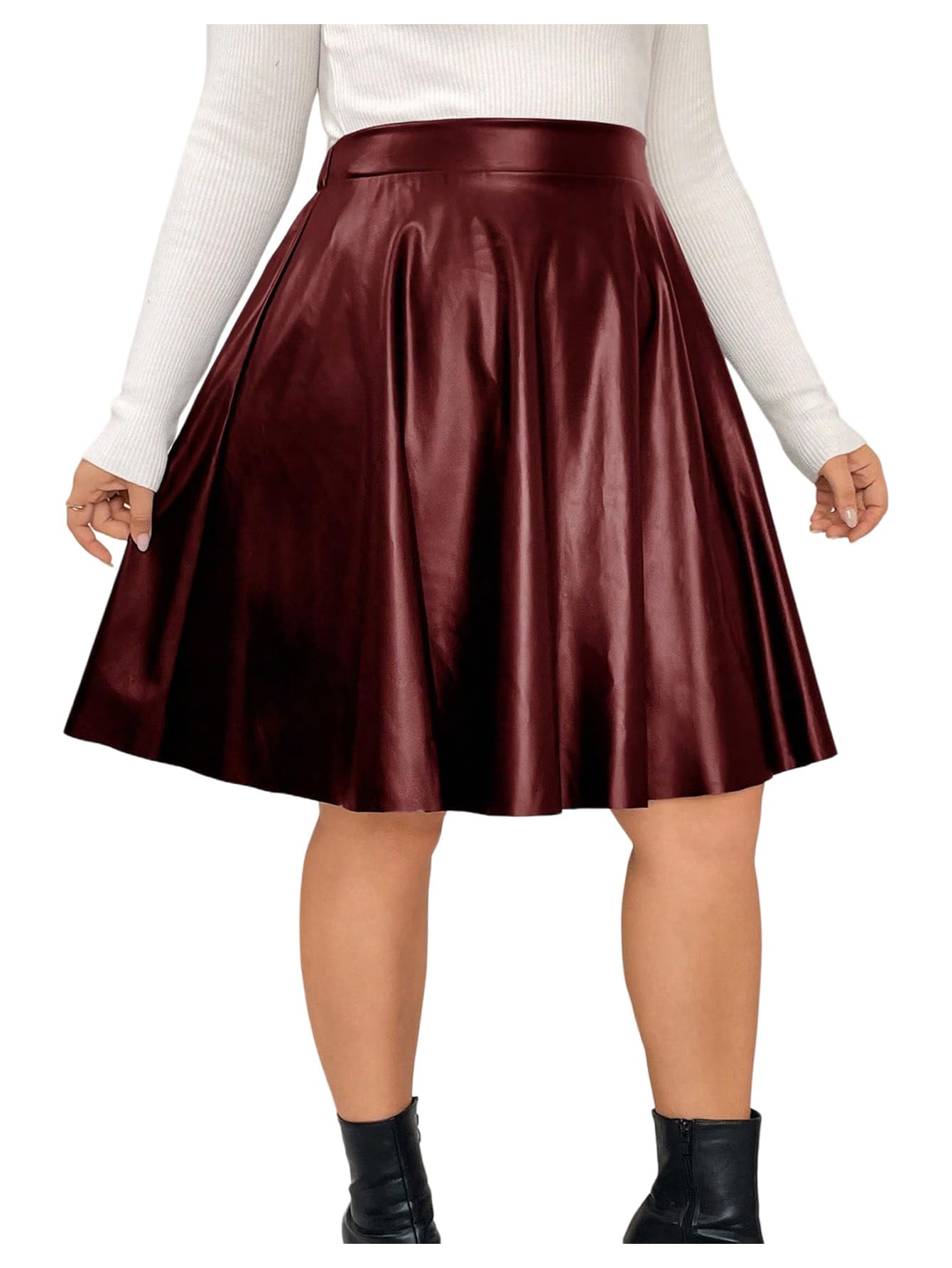 Floerns Womens Plus Size Pleated Skirts PU Leather Skirt High Waist Flared Skater Skirt
