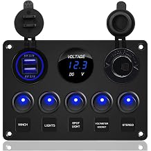 5 Gang Multi-Function Rocker Switch Panel, 4.2A Dual USB Charger with Circuit Breakers, Digital Voltmeter & 12V Outlet for Car, Boat, Truck, Trailer