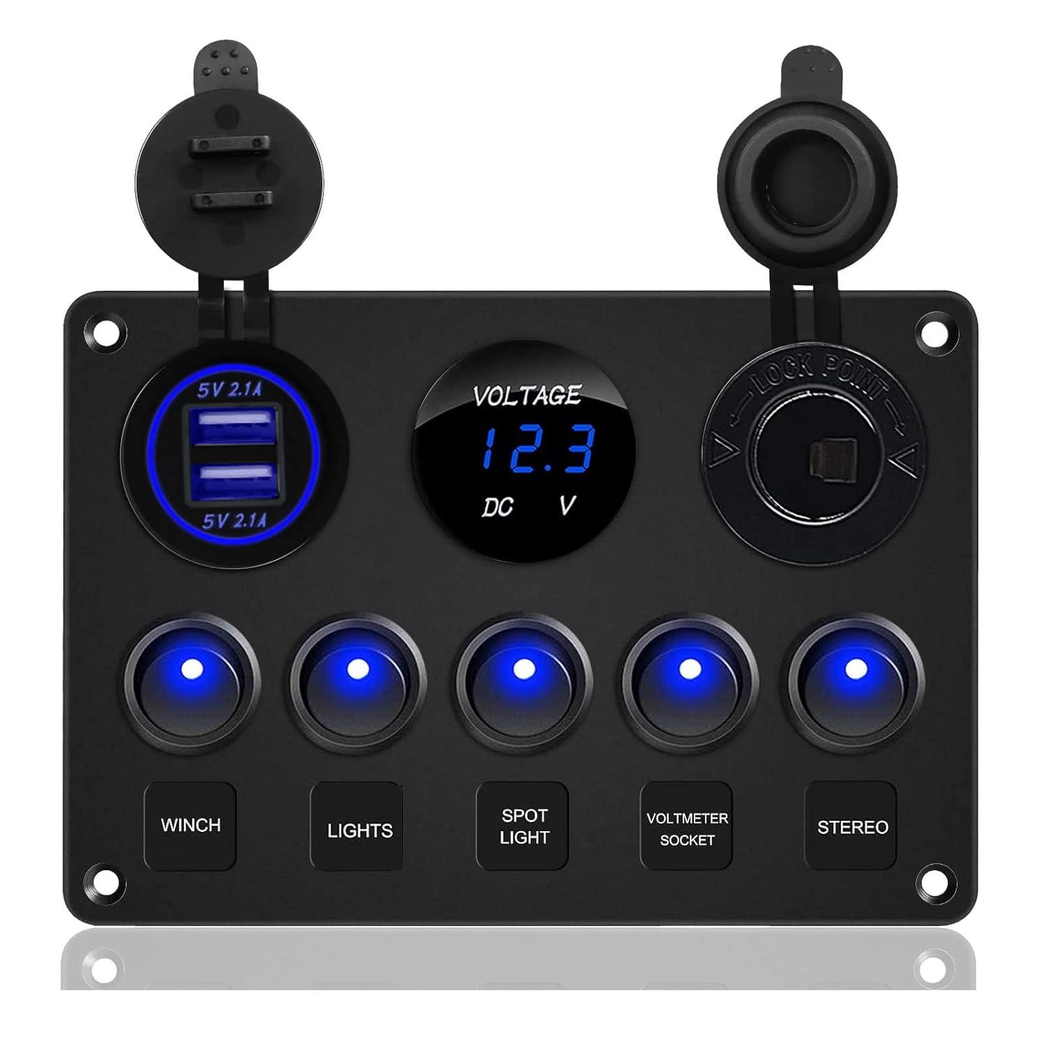 5 Gang Rocker Switch Panel with PD Type-C, USB Charger, Digital Voltmeter & 12V Outlet for Car, Boat, Truck, Trailer