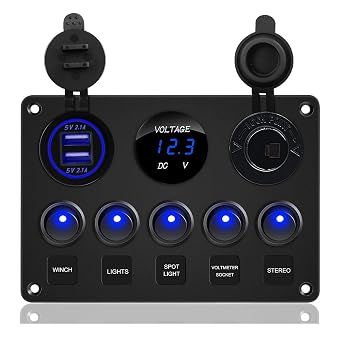 5 Gang Rocker Switch Panel | Pre-Wired Circuit Breakers with 4.2A Dual USB Charger, Digital Voltmeter & 12V Outlet for Car, Boat, Truck, Trailer