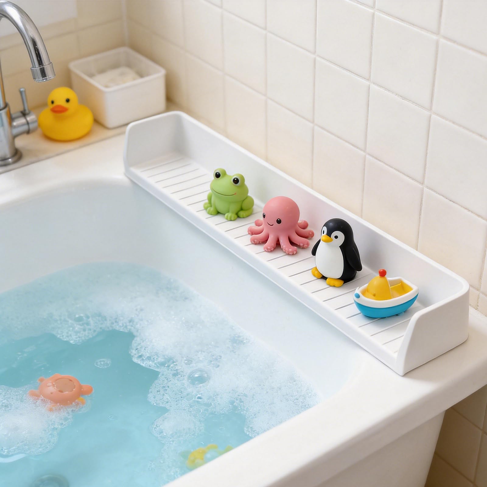 Bathtub Splash Guard for Tub, 80cm Silicone Tub Water Splash Guard with Strong Suction Cup, Tub Play Shelf for Kids, Bath Toy Caddy Tray Storage Holder, Prevent Water Spills in Bathroom (White)