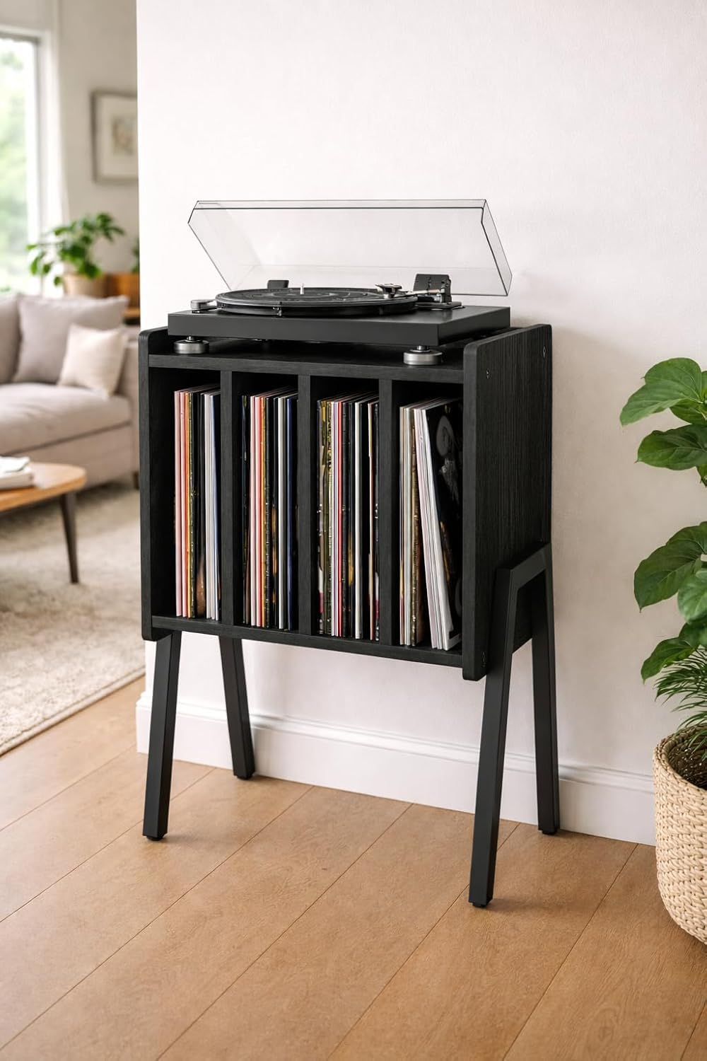 Acaza - Record Player stand - Up to 72 Albums - 66 x 45cm - Vintage Vinyl Storage - 4 Compartments and Shelf - Black