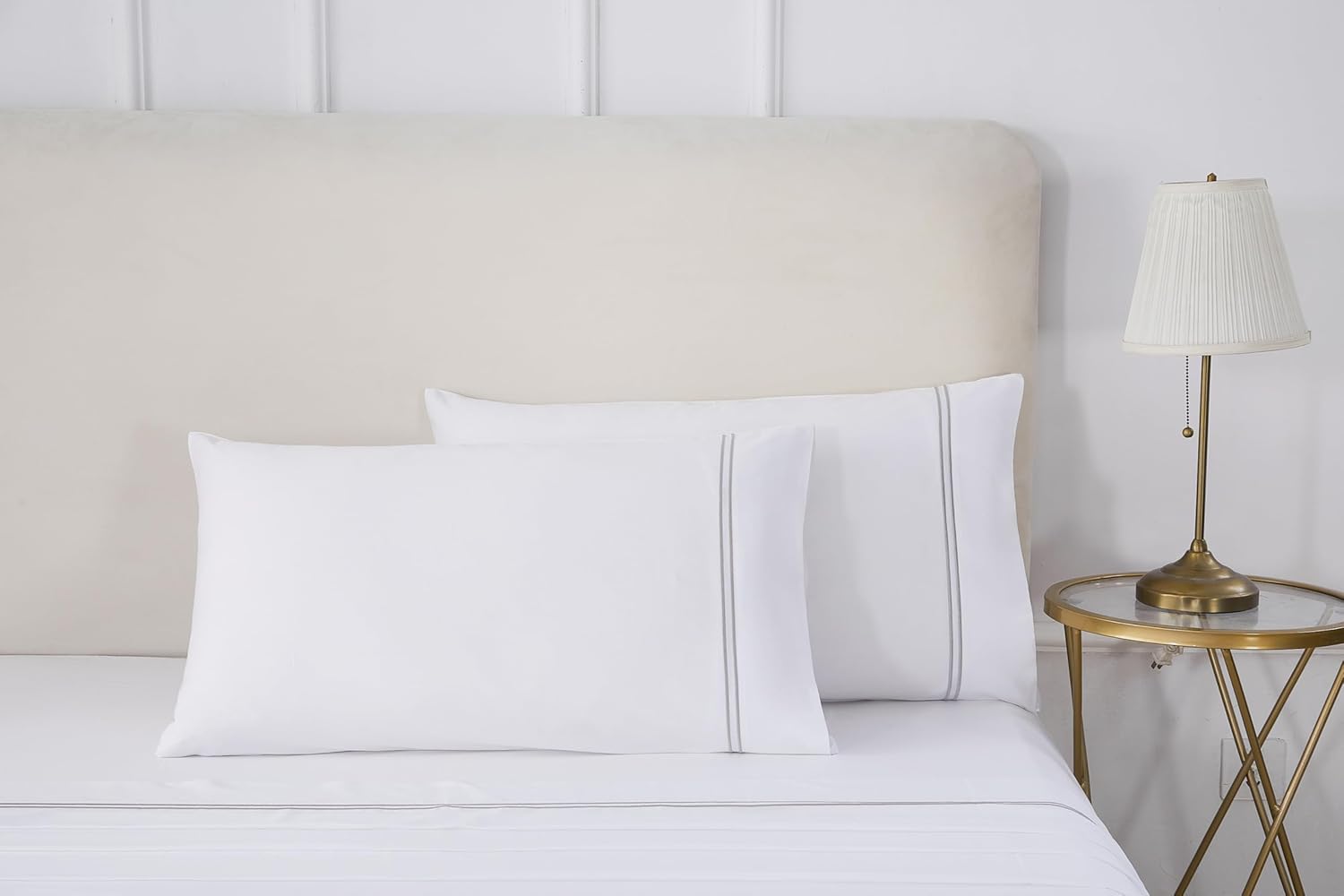 100% Cotton Queen Size Pillowcases with Embroidery 20x30 Inches Set of 2 with Envelope Closure, Soft and Breathable Hotel-Quality Pillow Covers (White-Grey, Queen)