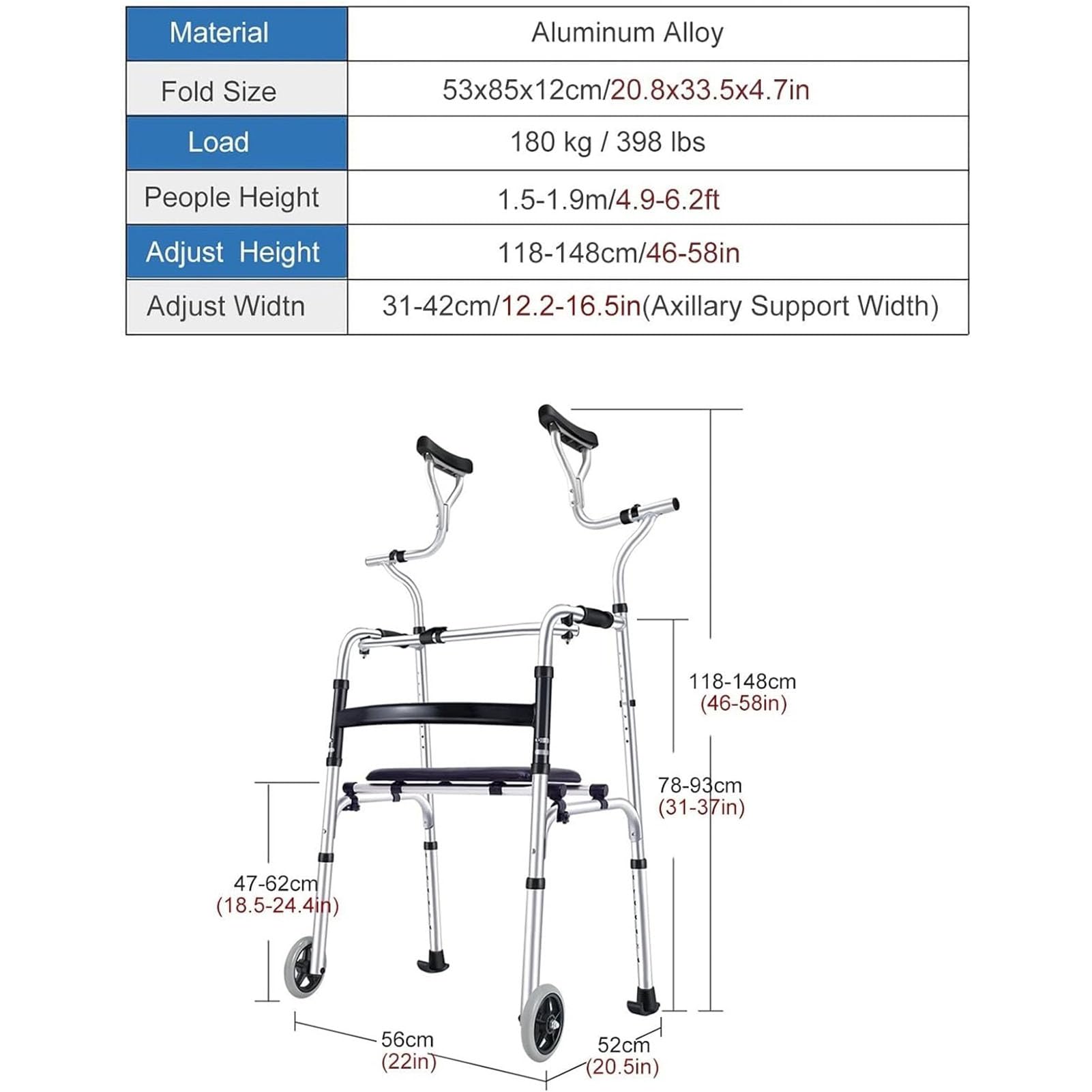 Andador plegable estándar con asiento desmontable y altura