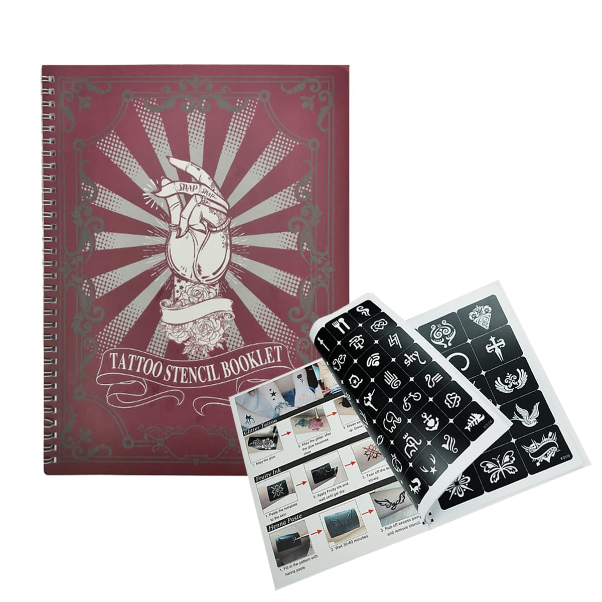 Xmasir 482 Pcs Henna Tattoo Stencils Kit 20 Sheets Henna Glitter Airbrush Stencil Temporary Tattoo Stickers Set Women Face Paint Body Art Gifts for Boys and Girls (Red 1)