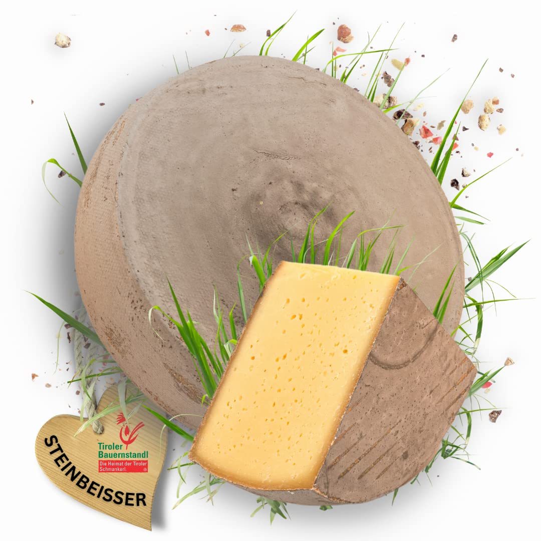 Tiroler Bauernstandl - Steinbeißer [1 Kg] Käse am Stück Butter Käse Probierpaket Käsefondue Set Käse Aufschnitt Schmelzkäse laktosefrei Käseplatte Käsefondue Raclette-Käse Fondue Käse Gouda Paket