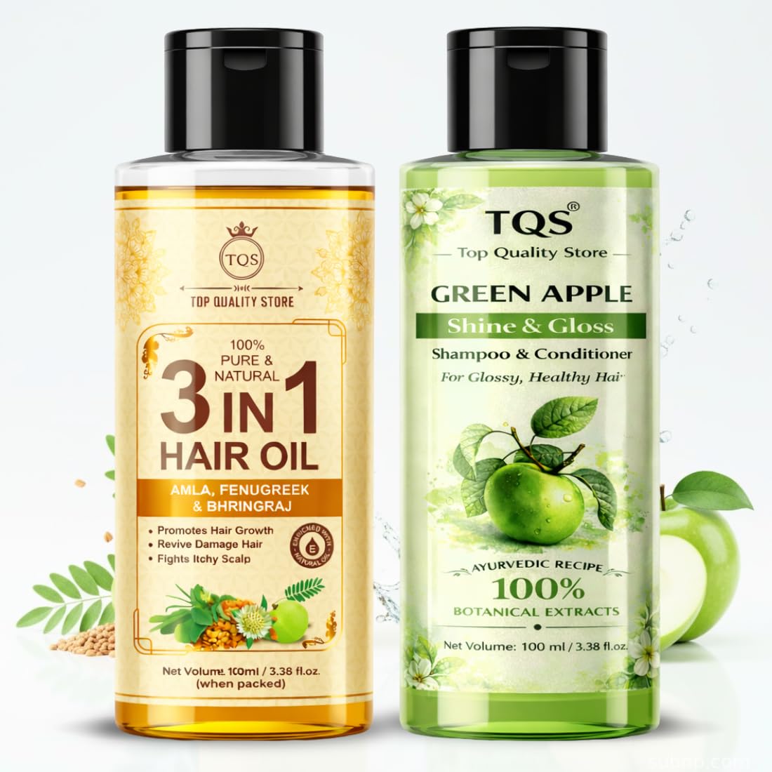 TQS 3 in 1 Hair Oil with Amla, Fenugreek & Bhringraj and Green Apple Shine & Gloss Shampoo & Conditioner, 100ml Each-image-32