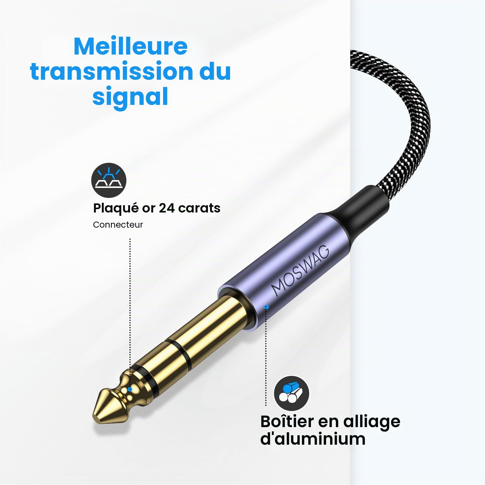 MOSWAG Câble pour Guitare 1M, Câble pour Instruments Stéréo 6,35mm TRS, Jack 6,3mm à Jack 6,3mm Connecteur Tressé pour Ampli, Blindage Anti-Bruit pour Guitare, Ampli, Basse, Clavier, Pédales d'Effets