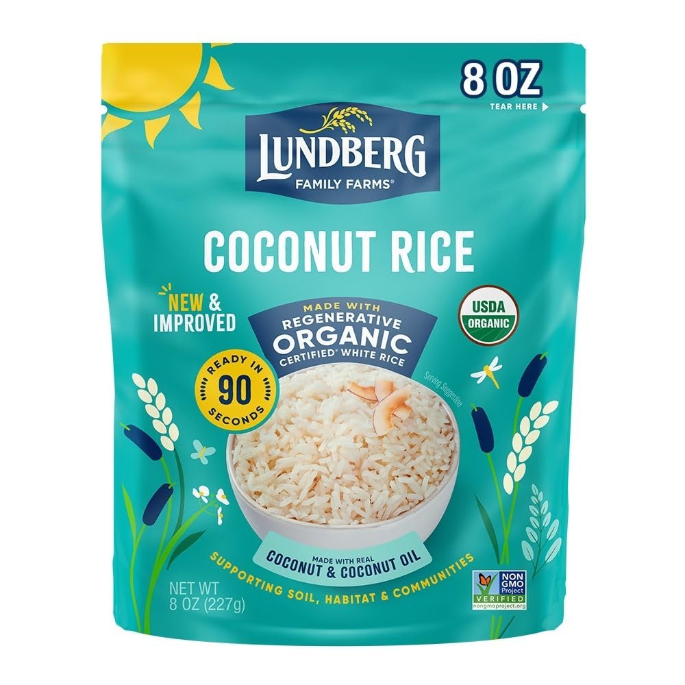 Lundberg Coconut Rice, Regenerative Organic White Jasmine Rice, Ready in 90 Seconds, Microwave or Stovetop, 8 Oz Pouch - Packaging May Vary