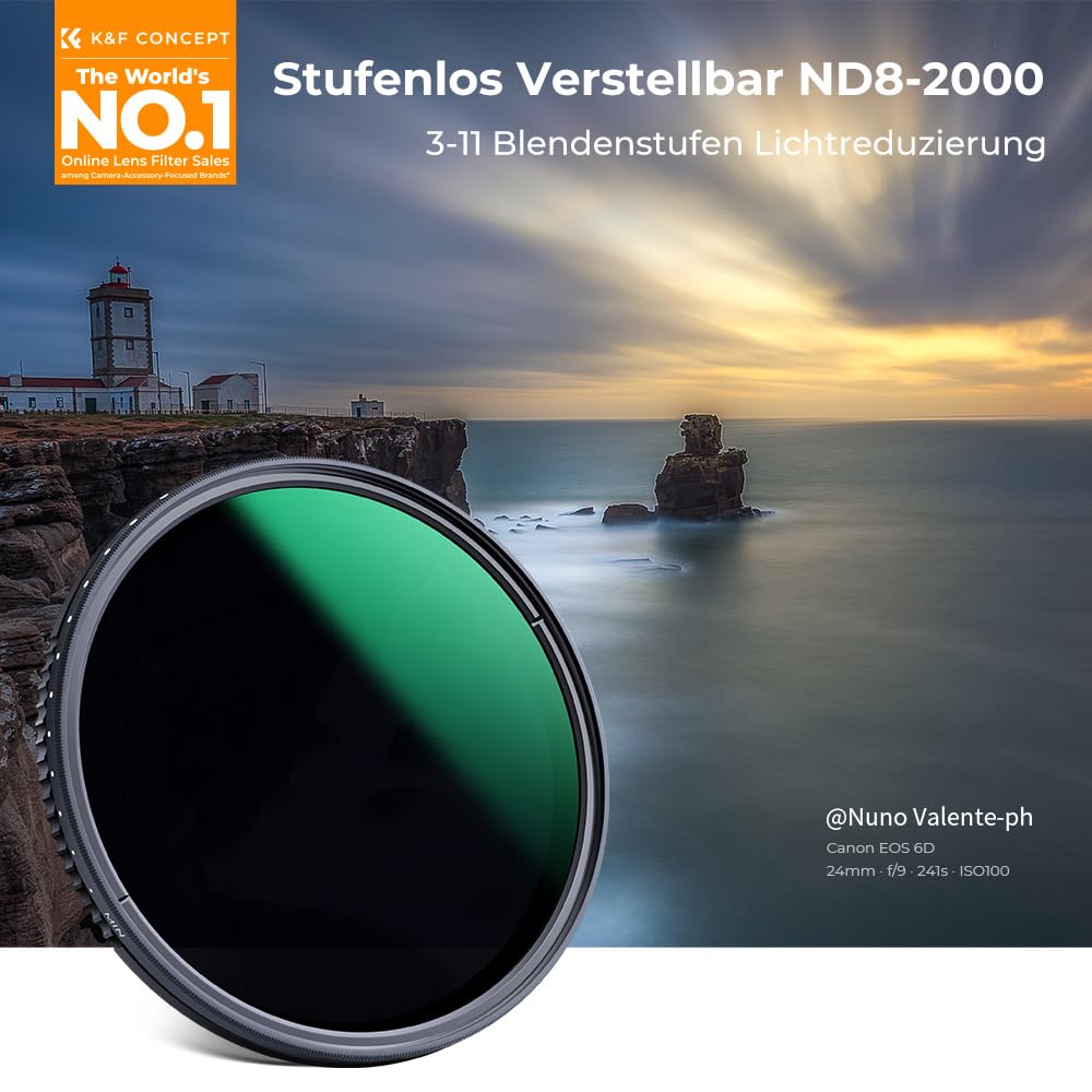 K&F CONCEPT Variabler ND Filter 72mm ND8- ND2000 Graufilter (3-11 Blenden) | Optikglas mit 24-lagiger Nano-Beschichtung,wasserdicht,HD Bild,für Landschaftsfotografie,Nano-Dazzle,FN503