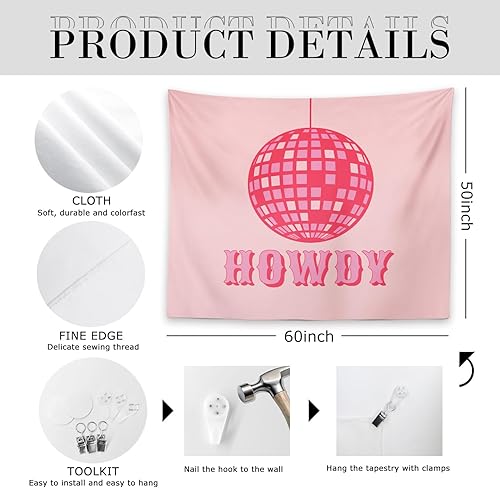 Miniatura 4 de OGILRE Decoración de pared con diseño de bola de discoteca howdy estilo bohemio rosa preppy howdy para el hogar, decoración de dormitorio de niñas,