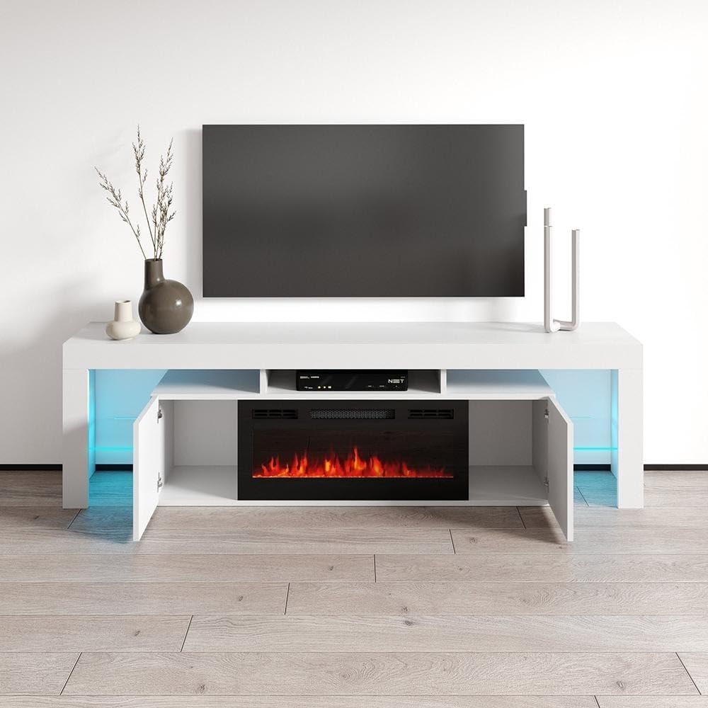Meble Furniture Soleo Electric Fireplace TV Stand — High Gloss Storage Cabinets — Fits TVs up to 90" — White, 79" W x 18" D x 24" H