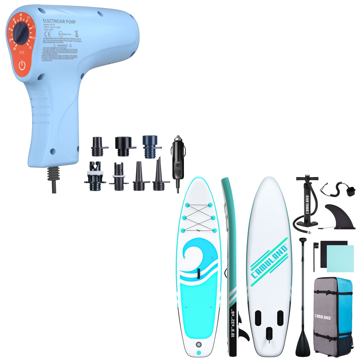 Inflatable Paddle Board with 16PSI SUP Electric Air Pump for Inflatable Kayak, Boats, Stand-up Paddleboard Portable 12V Pump Outdoor Quick Fill Accessories