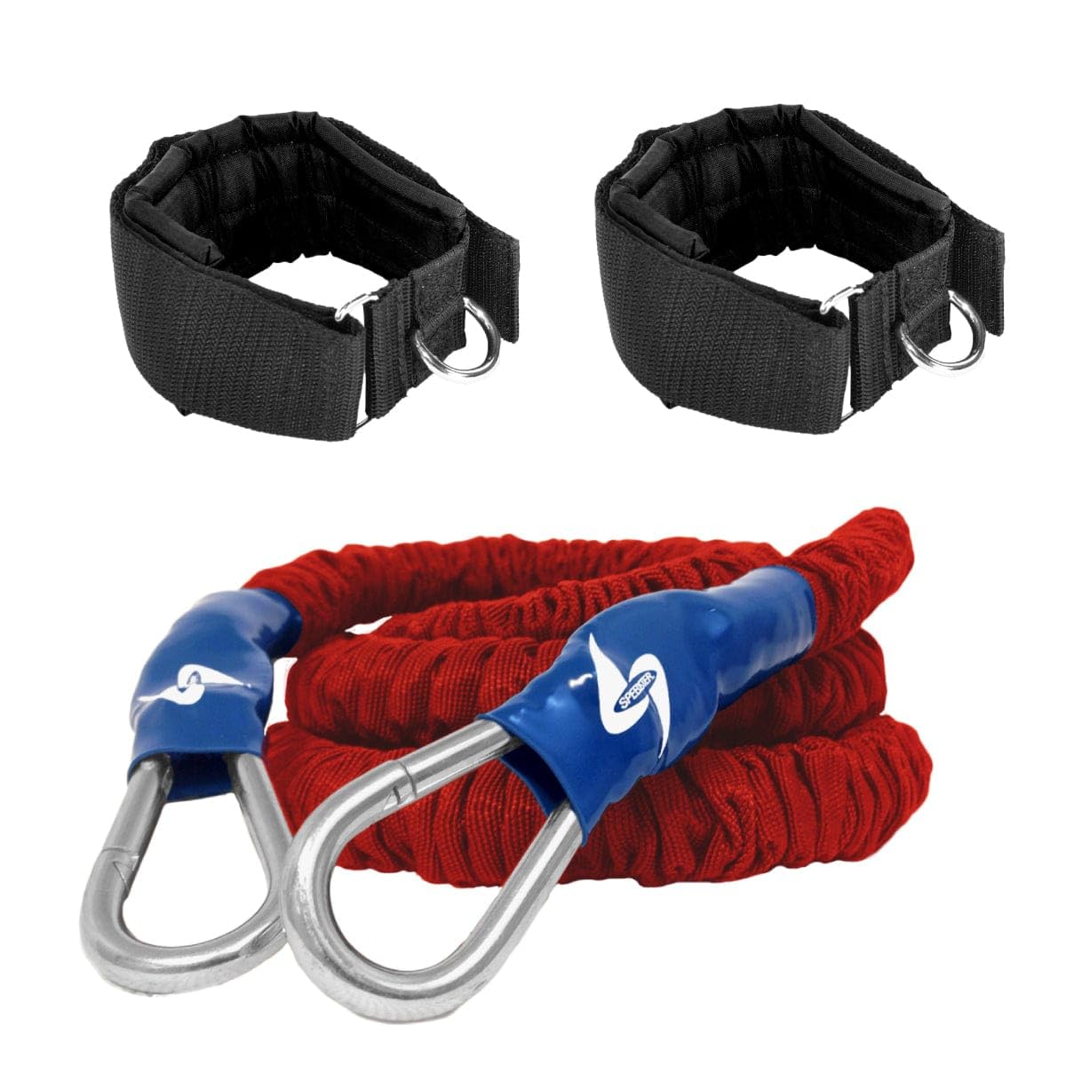 speedster high knee bounder- speed training system with rocket bungee, thigh cuffs and hand anchor designed to increase running speed and form for athletes
