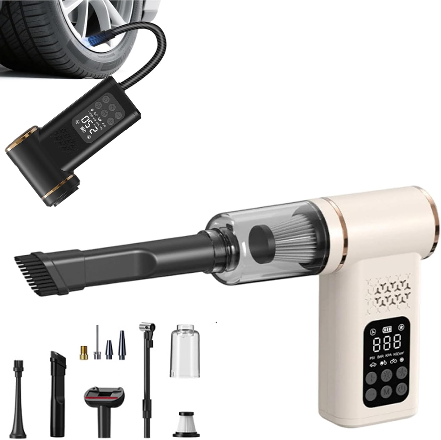 5-in-1 Cordless Car Vacuum & Tire Inflator, Handheld Vacuum Cleaner with 20000Pa Suction & 150PSI Air Pump, Digital Pressure Gauge, LED Light, USB-C Rechargeable for Car Home Bike (White)
