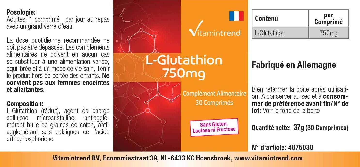 Vitamintrend L-Glutathion 750 mg Tagesbedarf, 30 Tabletten, hochdosiert, Nahrungsergänzungsmittel vegan ohne Magnesiumstearat, in Deutschland 