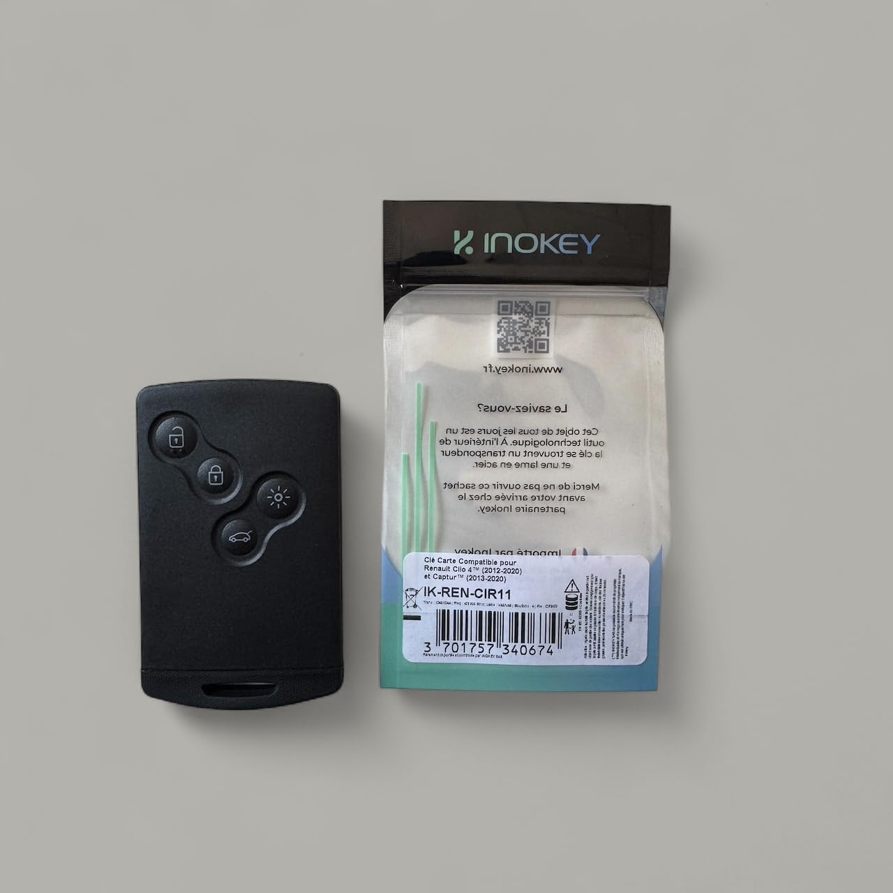 Chiave per scheda compatibile Renault Clio 4™ (2012-2020) e Captur™ (2013-2020) - 4 pulsanti, transponder ID49/ID4A, batteria CR2032, lama VA2/VA6