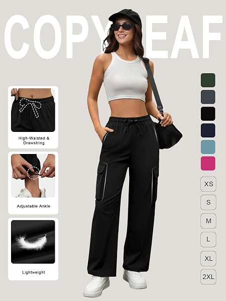 COPYLEAF Cargo Pants Women High Waisted Parachute Hiking Pants with 4 Pockets Lightweight Baggy Water Resistant Quick Dry - 4
