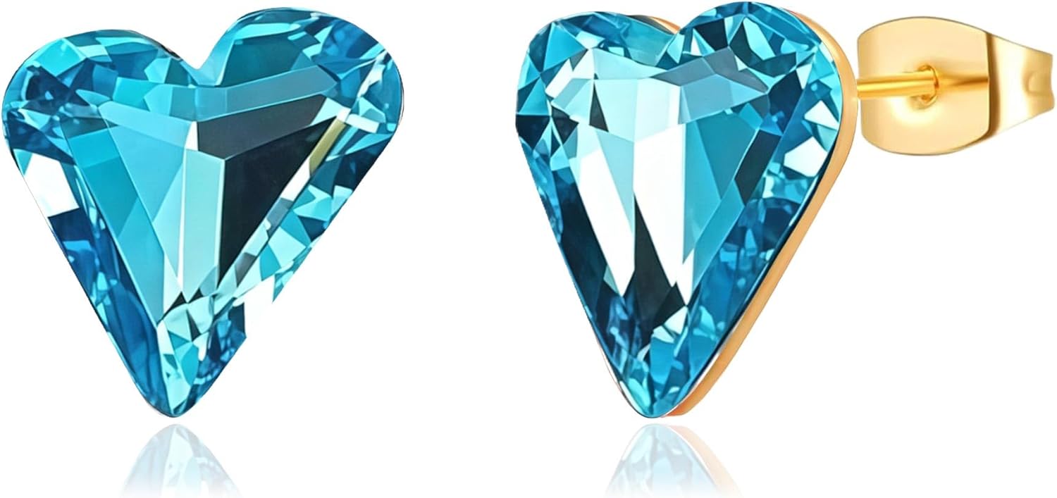 Fashion Austrian Crystal Heart Stud Earrings for Women 14K Gold Plated Hypoallergenic Formal Jewelry Gift