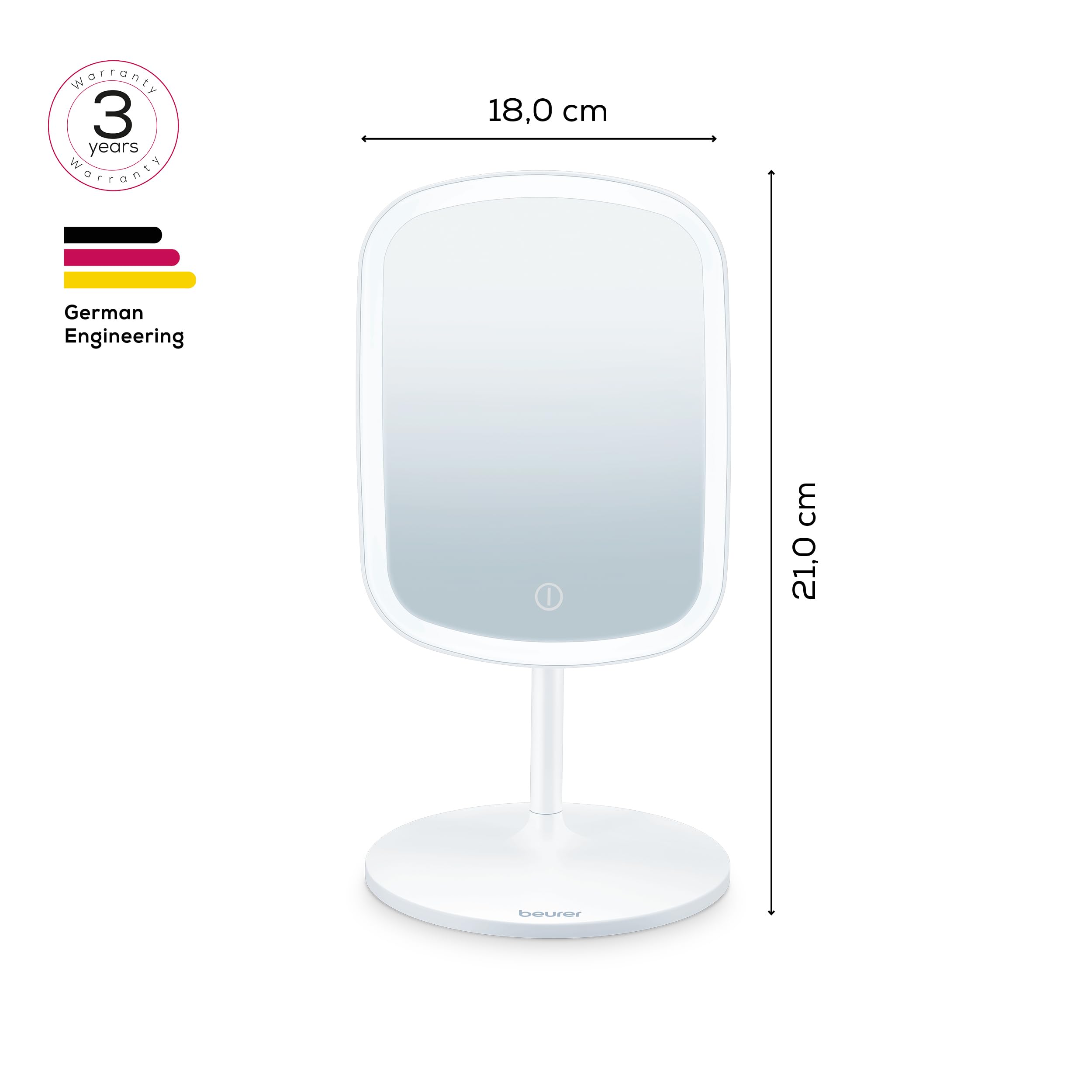 Beurer BS 47 Specchio cosmetico illuminato con 3 colori adatto per il makeup, con supporto magnetico, ruotabile a 360° e rimovibile, pratico specchio da bagno con superficie di appoggio