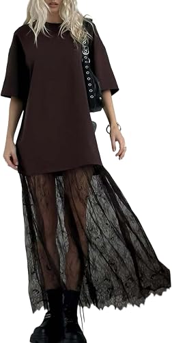 Famnbro Women Lace T Shirt Dress Crewneck Short Sleeve Loose Patchwork Mesh Shee