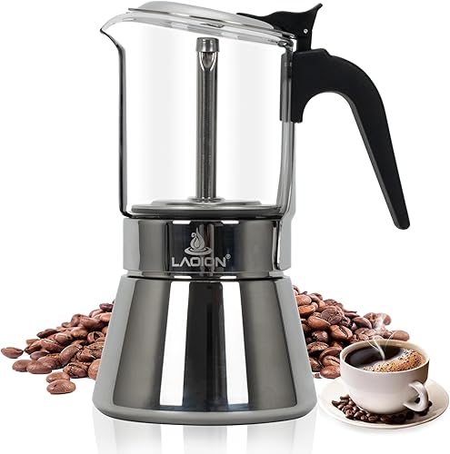 Cafetera de café expreso, 6 tazas de 8.1 fl oz, olla clásica de moka con tapa de cristal y acero inoxidable, cafetera moca, cafetera Greca de Café,
