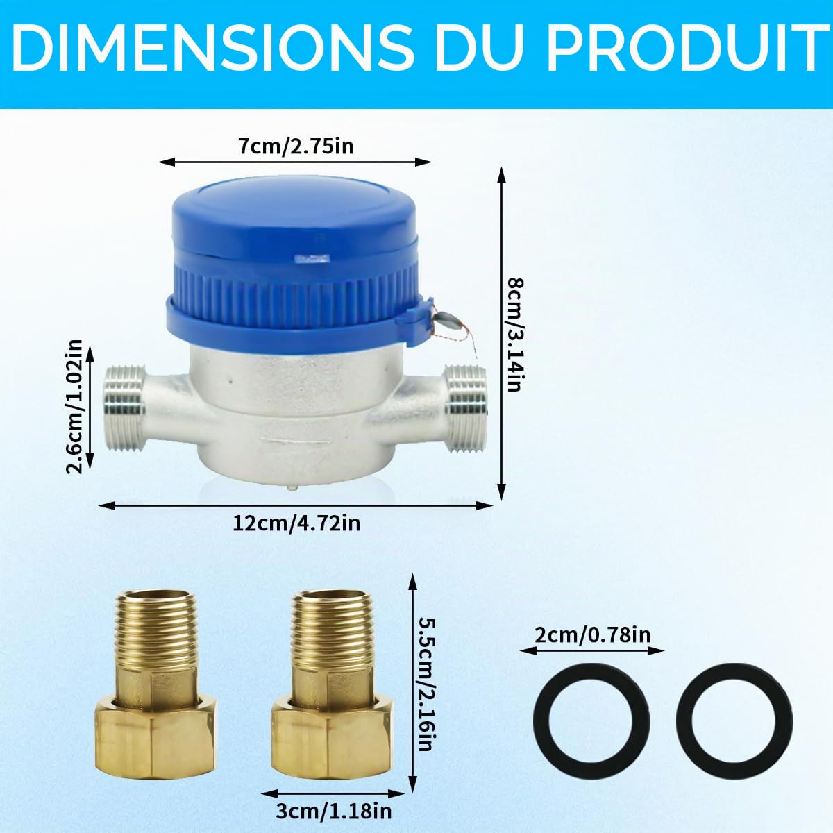 Compteur d'eau de jardin 1/2", horloge à eau froide calibrée, compteur de robinet avec accessoires de montage et couvercle de protection,pour usage domestique, jardin, 0-40℃ 1,5 m³/h
