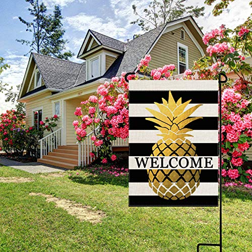 Pingpi Home Decorative Outdoor Double Sided Pineapple Garden Flag Yellow Welcome Quote, Black Stripes Garden Yard Decorations, Seasonal Outdoor Flag 12.5 X 18 Inch #TOP1