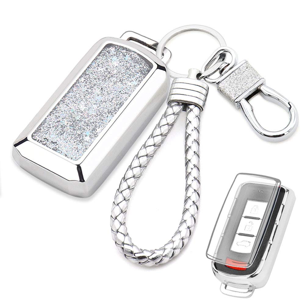 SenautoQuicksand Key Fob Cover Case Keychain for Mitsubishi (Silver)