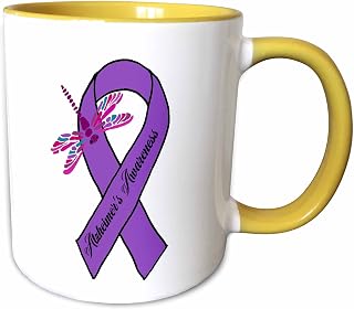 3dRose Cool Purple Ribbon and Dragonfly Alzheimers Support and Awareness 15oz Two-Tone Yellow Mug