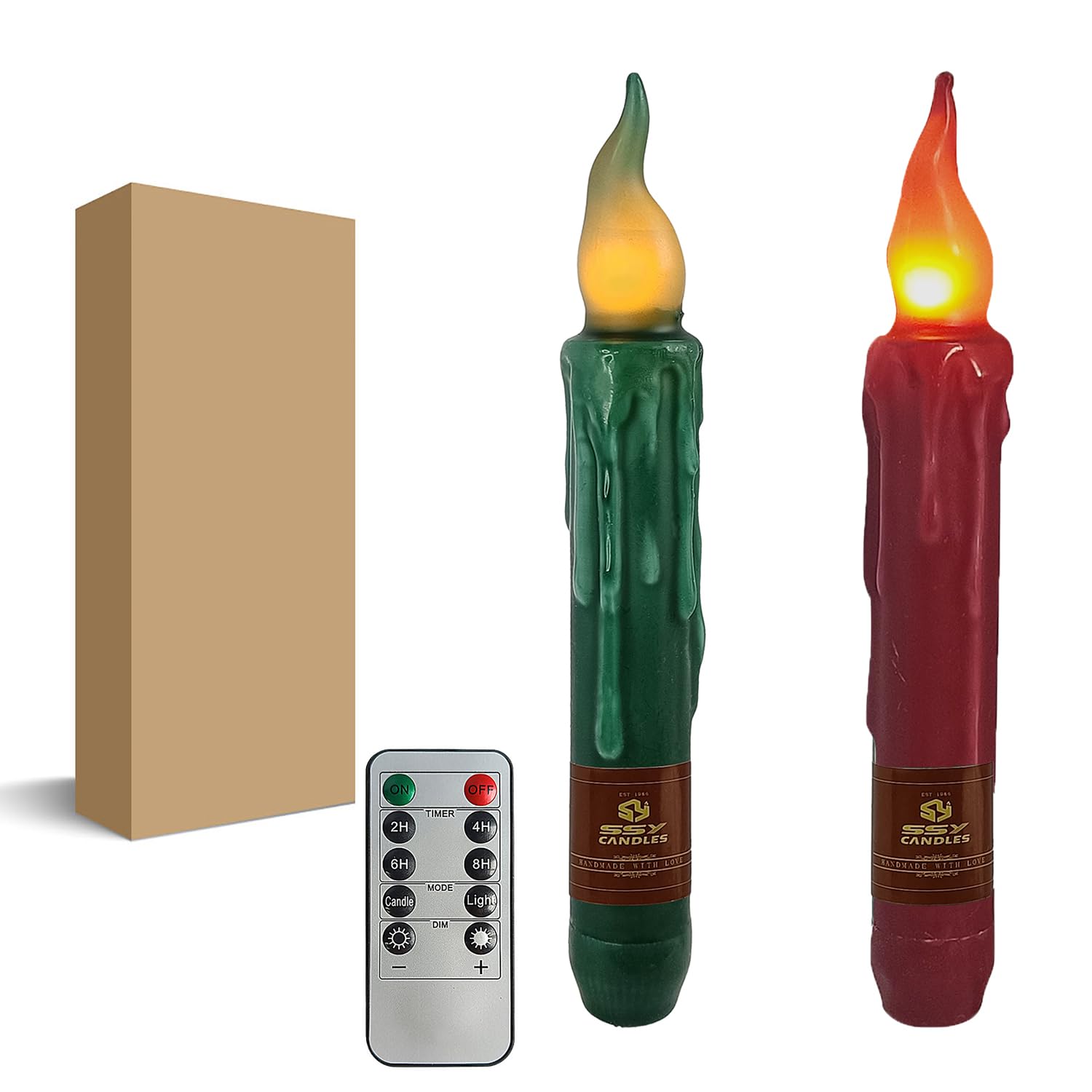 Christmas Red Green Flameless Short Taper Candles, Real Wax Hand Dipped LED Battery Operated with Remote, Flickering Flame Lights for Home Décor, 6.7 Inch Primitive Flameless Candles, 2PCS