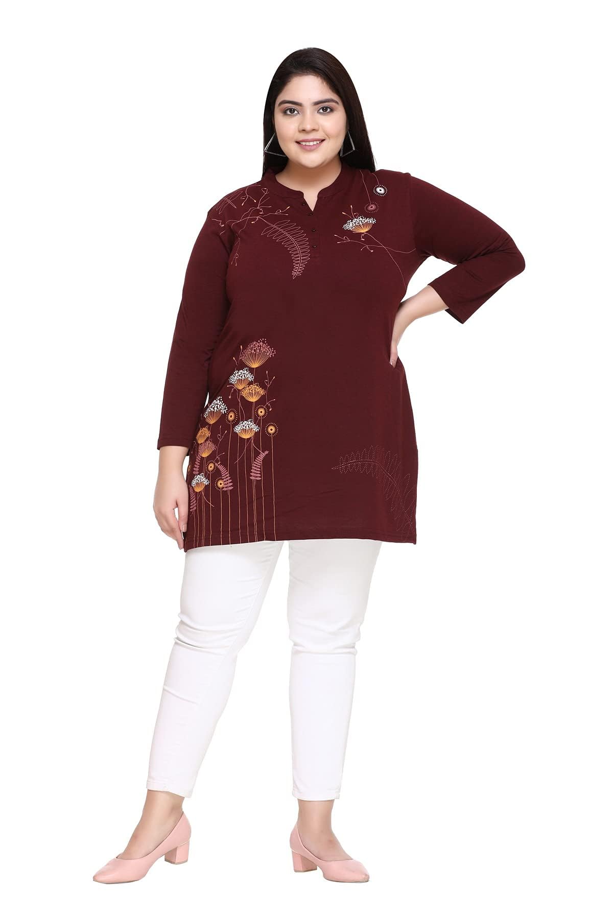 Women's Printed Cotton Henley Neck Full Sleeve Plus Size T-Shirt